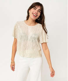 GEMO Blouse à manches courtes en maille gaufrée scintillante femme blanc chine
