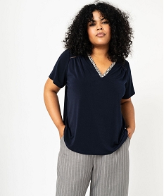 GEMO Tee-shirt à manches courtes avec col V brodé femme grande taille navy