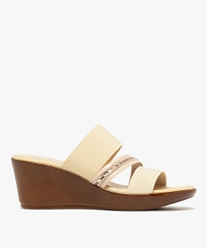GEMO Mules femme à talon compensé avec brides élastiques et strass beige standard