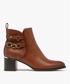 GEMO Boots femme à talon carré avec liseré doré et brides fantaisie marron standard