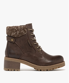 GEMO Bottines fourrées crantées à talon et haut de tige en maille tricotée femme marron standard