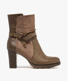 GEMO Bottines femme à talon haut et large avec détails fantaisie et à zip marron fonce