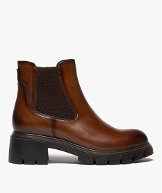 GEMO Boots femme à talon chunky dessus en cuir avec zip marron standard