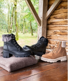 GEMO Boots fourrées à lacets et zips femme Brun