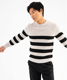 GEMO Pull rayé en grosse maille homme Beige