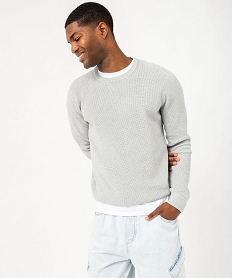 GEMO Pull col rond en coton uni homme gris standard