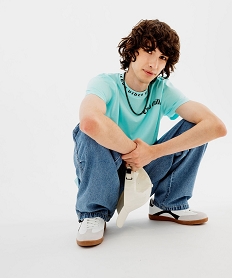 GEMO Tee-shirt manches courtes à large col imprimé homme Bleu