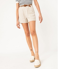 GEMO Short ample à taille haute en lin avec ceinture tressée femme - LuluCastagnette blanc chine