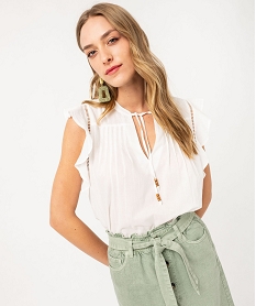 GEMO Blouse manches courtes avec volants aux emmanchures femme blanc chine