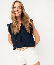 GEMO Blouse manches courtes avec volants aux emmanchures femme Bleu