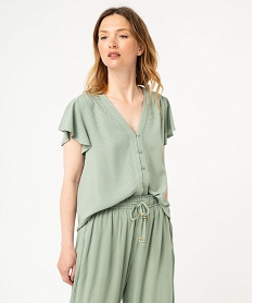 GEMO Blouse manches courtes volantées en viscose jacquard à boutons femme vert standard