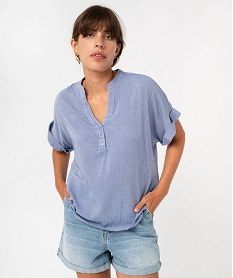 GEMO Blouse manches courtes coupe loose en viscose froissée femme Bleu