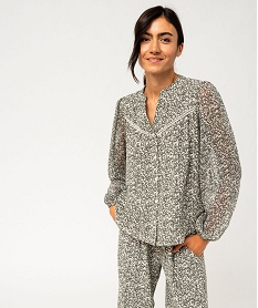 GEMO Blouse fleurie à manches longues en voile femme Blanc
