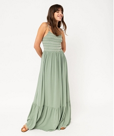 GEMO Robe longue et ample à bretelles et buste smocké femme Vert