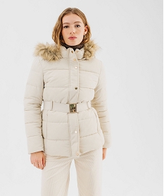 GEMO Blouson matelassé avec capuche à bord amovible et ceinture femme blanc chine