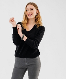 GEMO Pull à col V finitions roulottées femme noir standard