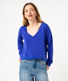 GEMO Pull à col V finitions roulottées femme bleu electrique