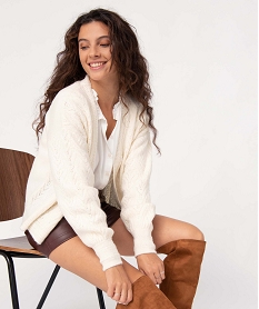 GEMO Gilet femme en maille ajourée sans boutons blanc chine