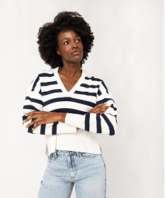 GEMO Pull court rayé avec col polo et décolleté V femme Imprimé