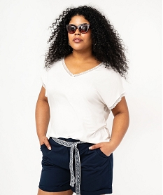 GEMO Tee-shirt à manches courtes à col V femme grande taille blanc chine