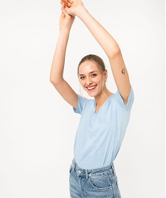 GEMO Tee-shirt à manches courtes avec col V roulotté femme bleu vif