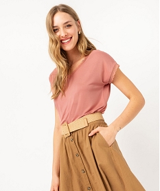 GEMO Tee-shirt à manches courtes et col V en dentelle coupe loose femme rose standard
