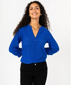 GEMO Tee-shirt manches longues en maille ajourée femme Bleu