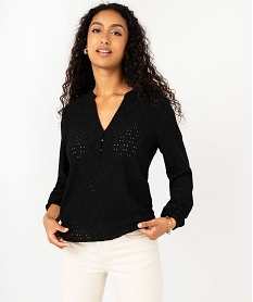 GEMO Tee-shirt manches longues en maille ajourée femme Noir