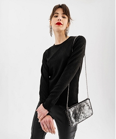 GEMO Tee-shirt manches longues en maille côtelée pailletée femme Noir