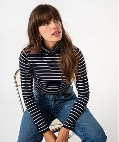 GEMO Tee-shirt manches longues à col roulé en maille côtelée rayée femme Imprimé