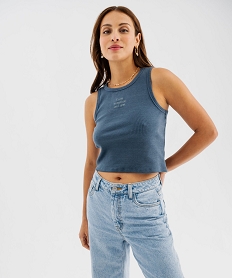GEMO Débardeur court en maille côtelée avec message brodé femme bleu standard
