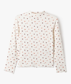 GEMO Tee-shirt manches longues col haut en maille côtelée à cœurs fille Beige