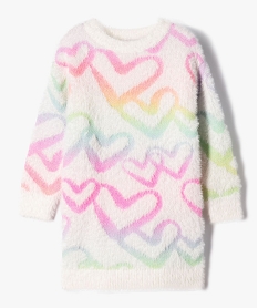 GEMO Robe pull en maille duveteuse et motifs cœurs fluo fille Beige