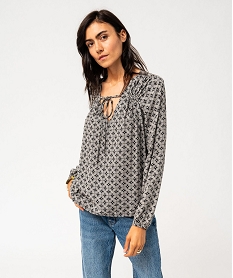 GEMO Blouse fluide imprimée avec liens à nouer femme Blanc