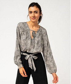 GEMO Blouse fluide imprimée avec liens à nouer femme Blanc