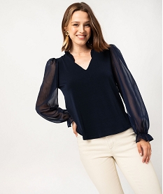 GEMO Blouse unie avec manches longues en voile femme Bleu
