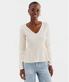 GEMO Tee-shirt manches longues en maille gaufrée avec basques femme Beige