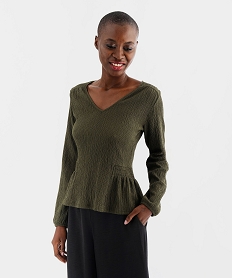 GEMO Tee-shirt manches longues en maille gaufrée avec basques femme Vert