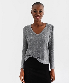 GEMO Tee-shirt manches longues avec col V à motifs scintillants femme gris standard