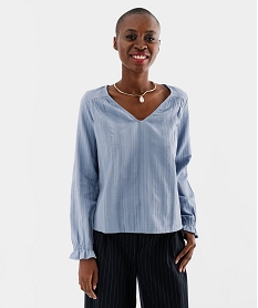GEMO Blouse manches longues froncées à col V femme Bleu