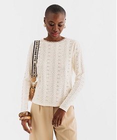 GEMO Tee-shirt manches longues en dentelle extensible femme Beige