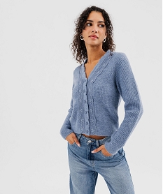 GEMO Gilet court à col V avec dentelle femme Bleu