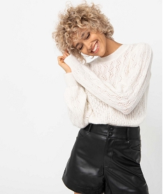 GEMO Pull femme en maille fantaisie avec dentelle blanc chine