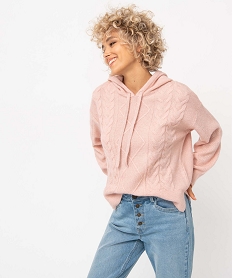 GEMO Pull femme à capuche en maille fantaisie rose chine