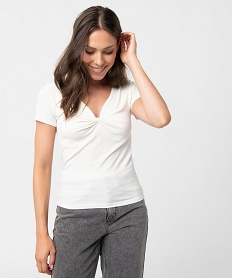 GEMO Tee-shirt femme en maille côtelée encolure effet noué blanc chine