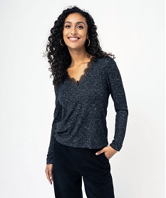 GEMO Tee-shirt à manches longues avec col V en dentelle femme noir vif