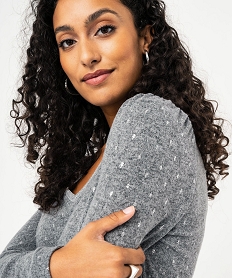 tee-shirt femme a manches longues avec col v et motif scintillants grisL356801_2