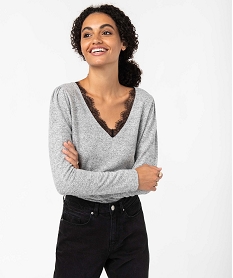 GEMO Tee-shirt femme à manches longues avec col V en dentelle contrastante Gris
