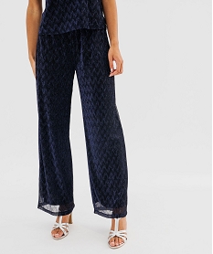 GEMO Pantalon large et fluide en maille plissée et pailletée femme Bleu