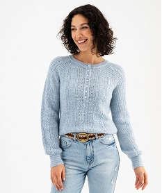 GEMO Pull  en maille fantaisie avec col rond à boutons femme bleu standard